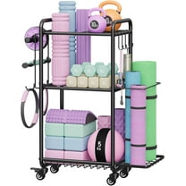 Weight Rack for Home Gym, All in One Yoga Mat Storage Rack, Workout Equipment Storage with Wheels and Hooks for Dumbbells Kettlebells Foam Rollers, Powder Coated