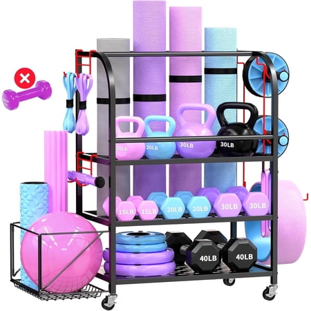 Weight Rack for Home Gym Dumbbells,Yoga Mat Holder Storage for Kettlebells Workout Equipment Storage with Wheels and Hooks