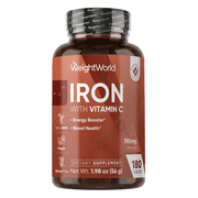 WeightWorld Iron with Vitamin C, Dietary Supplement, Energy Booster and Blood Health, Vegan, Non-GMO, 180 Count