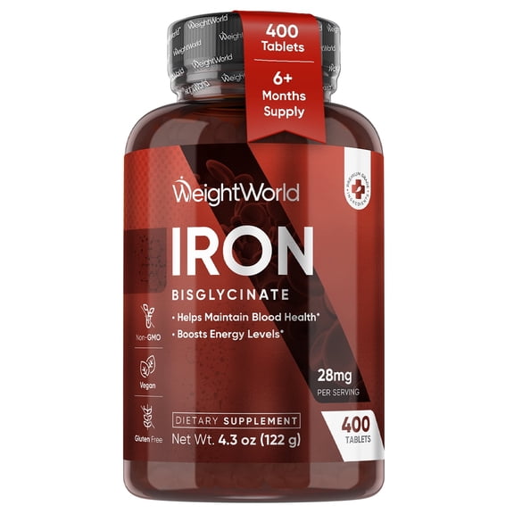 WeightWorld Iron Bisglycinate 28mg - Blood Health & Boosts Energy Levels | 400 tablets | Gentle Iron Supplement - Easy on Stomach | Chelated Ferrous Bisglycinate for Women & Men, Non-GMO