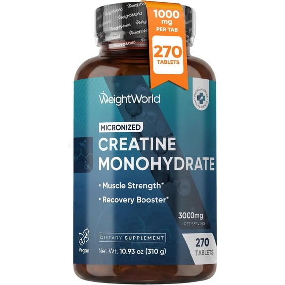WeightWorld Micronized Creatine Monohydrate 3000mg Tablets - Muscle Growth, Strength, Energy & Recovery | Pre Workout Creatine for Women & Men | 1000mg per Tab | Vegan 270 Tablets (3 a Day), Non-GMO