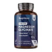 WeightWorld Magnesium Glycinate 500 mg Mineral Supplement, 150 mg Elemental Magnesium, Stress and Bone Support, Vegan Capsules, 180 Count