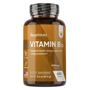 WeightWorld Vitamin B12 Methylcobalamin 1000 Mcg Vitamin Supplement, Energy & Nervous System Support, Vegetarian, Non-GMO, 450 Count