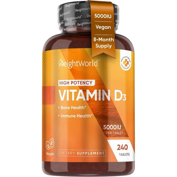 WeightWorld Vitamin D3 5000 IU for Bone, Teeth, Muscle & Immune Health - High Strength 240 Mini Tablets - Vegan D3 Vitamin 125mcg from Plant-Based Lichen | 8-Month VIT D3 Supply, Gluten-Free, Non-GMO
