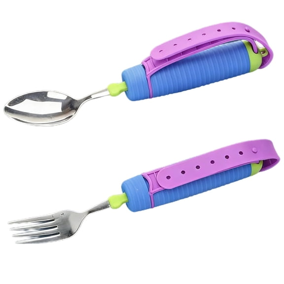 Weighted Adaptive Utensil Set, Stabilizing Spoon and Fork, Adjustable Silicone Wrist Strap, Extended Non-Slip Handle, Stainless Steel, for Elderly, Individuals with Motor Challenges, Hand Instability