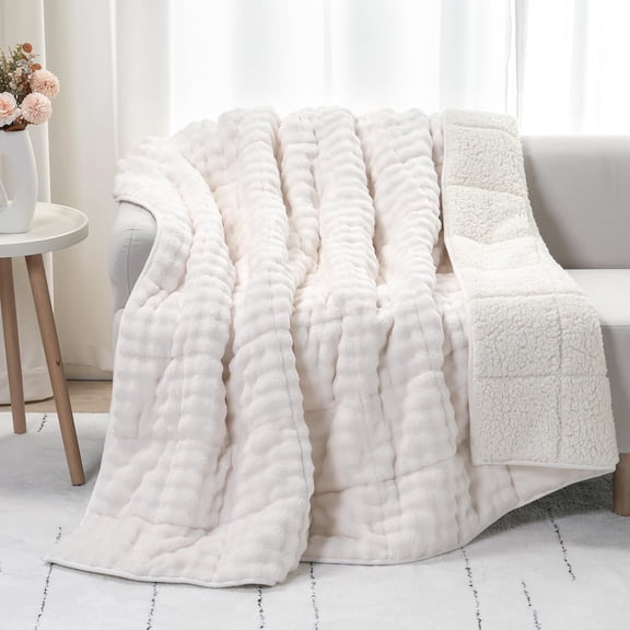 Weighted Blanket 15lbs for Adults, Fluffy Bubble Sherpa Fleece Blankets Queen Size Bed, Cute Fuzzy Warm Heavy Calming & Sleeping, 60"x80", Cream White