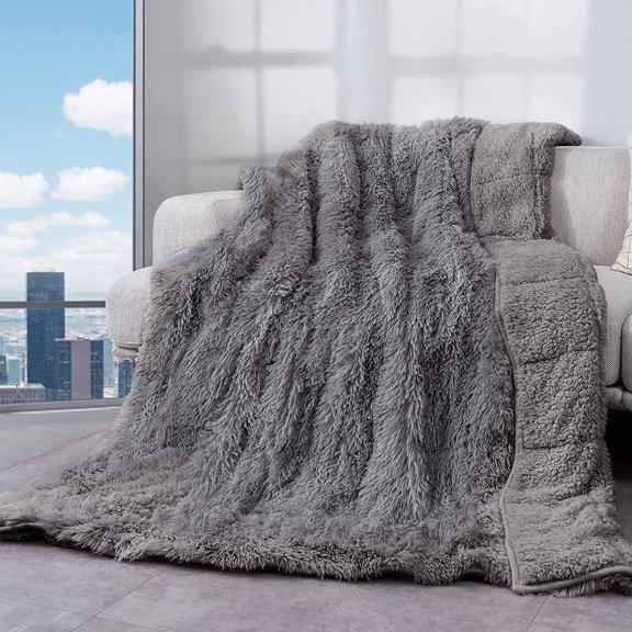 Weighted Blanket 25lbs 60x80 inches for Queen Bed, Faux Fur Sherpa Weighted Blanket for Adults, Plush Cozy Bed Blanket with Ceramic Beads for Calm and Relax, Grey