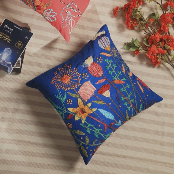 Weighted Blanket Cotton Embroidered Cushion-Ink Blue-18 X 18 Inch,Throw Blankets