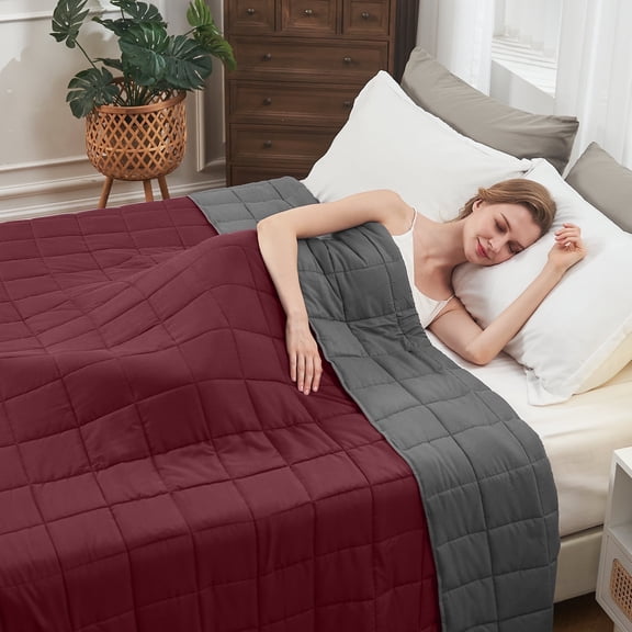 Weighted Blanket for Adults with Glass Beads,15 lbs, 60"x80", Queen Size, Grey & Burgundy, Cooling Weighted Blankets All-Season