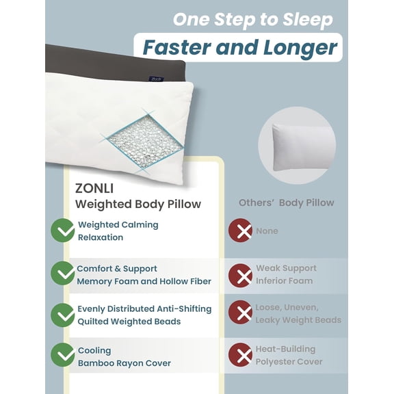 Weighted Body Pillow with Bamboo Cover (48" x 14") 8.5lbs