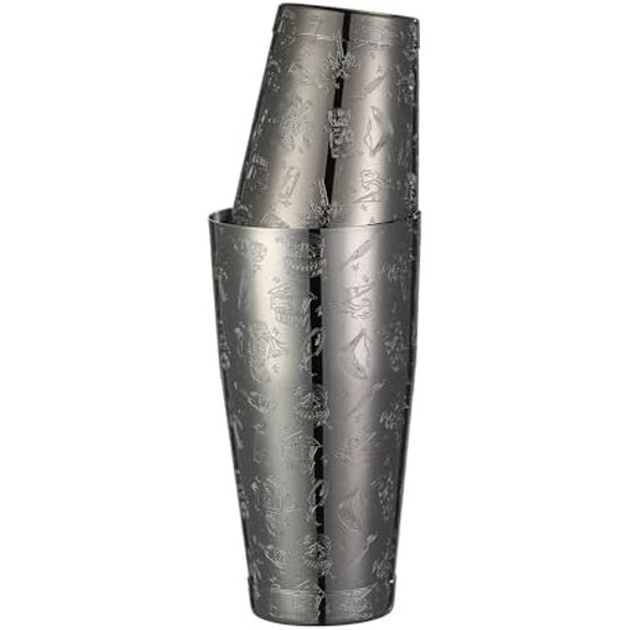 Weighted Boston Shaker Cocktail Shaker Etched with Tiki Imagery (Black Tiki Graphic)