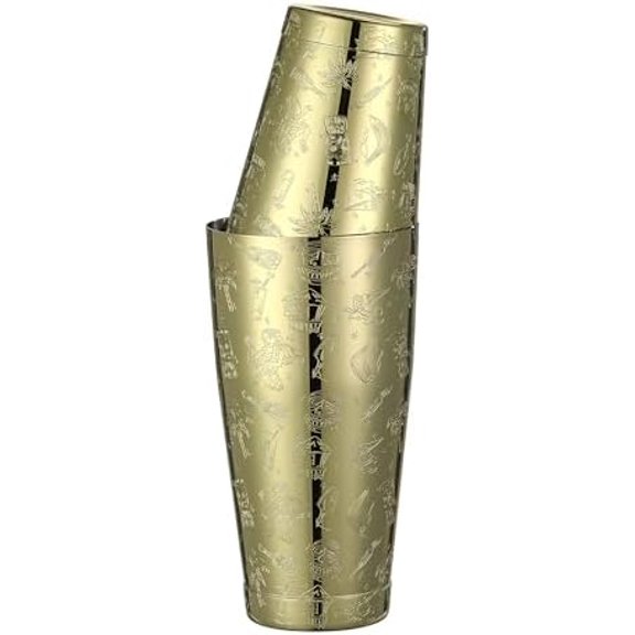 Weighted Boston Shaker Cocktail Shaker Etched with Tiki Imagery (Gold Tiki Graphic)