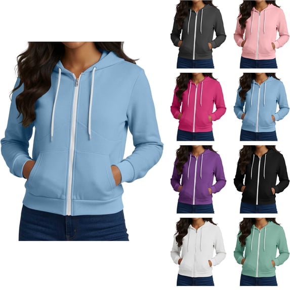 Weighted Hoodie Zaewscy Women's Casual Loose Color Pocket Long-sleeved Zipper Hooded Sweater Jacket Top Light Blue L