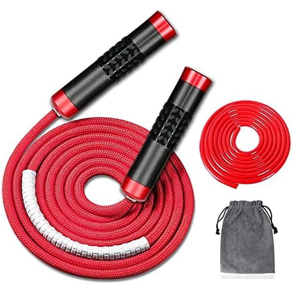 Weighted Jump Rope for Workout Fitness(1LB), Tangle-Free Ball Bearing Rapid Speed Skipping Rope for MMA Boxing Weight-loss,Aluminum Handle Adjustable Length 9MM Fabric Cotton+9MM Solid PVC Rope Red