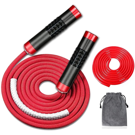 Weighted Jump Rope for Workout Fitness(1LB), Tangle-Free Ball Bearing Rapid Speed Skipping Rope for MMA Boxing Weight-loss,Aluminum Handle Adjustable Length 9MM Fabric Cotton+9MM Solid PVC Rope Red