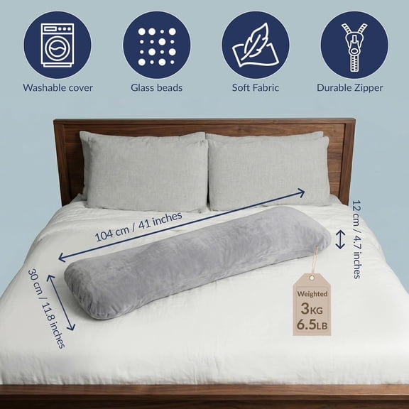 Weighted Pillow for Adults 6.5lbs (41" x 12") | Sleep Better & Feel Calm | Weighted Body Pillow for Stress Relief | Sleeping Hugging Pillows for Adults | Helps to Focus | Pillow (Grey, Big)
