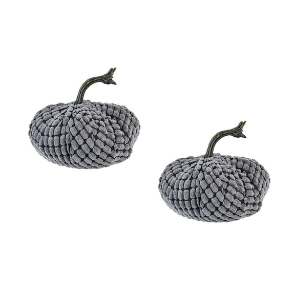 Weighted Pumpkin Decor - 6.5" Chenille Gray Pumpkins (Set of 2) - Fall Harvest Thanksgiving Halloween Table Centerpieces