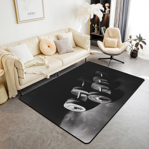 Weightlifting Area Rug,Barbell Fitness Theme Indoor Floor Mat Entrance Rug,Gym Equipment Fitness Sports Games Non Slip Rug,Black Chairs Couch Living Room Decor 1x2ft