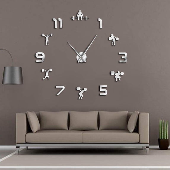 Weightlifting Fitness DIY Large Wall Clock Powerlifting Bodybulding Frameless Giant Wall Watch 3D Mirror Wall Sticker(Silver,47inch)