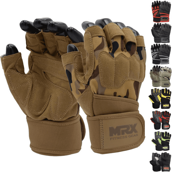 Weightlifting Gloves with Integrated Wrist Wrap Support Half Finger Body Building Gym Glove Camo Sand Brown Large