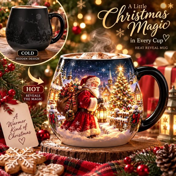 Weihnachtszauber- Tasse mit Thermo, Color Changing Christmas Glass Mug, Heat Sensitive 350 ML Cup for Cocoa Tea Coffee and Seasonal Decor