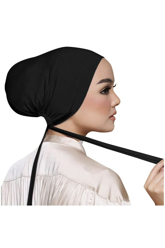 Bandanas for Women Women Casual Solid Color Multicolor Elastic Bandage Lace Up Bottom Muslim Hijab Head Scarf Headbands for Women Hair Ties () Black Polyester