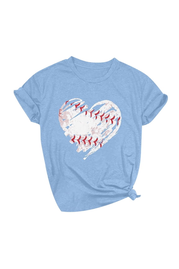 Baseball Shirt Women Going Out Tops Women's Spring/Summer Solid Baseball Print Loose Casual Short Sleeved T Shirt Top Casual Tops for Women Blue L Clearance！