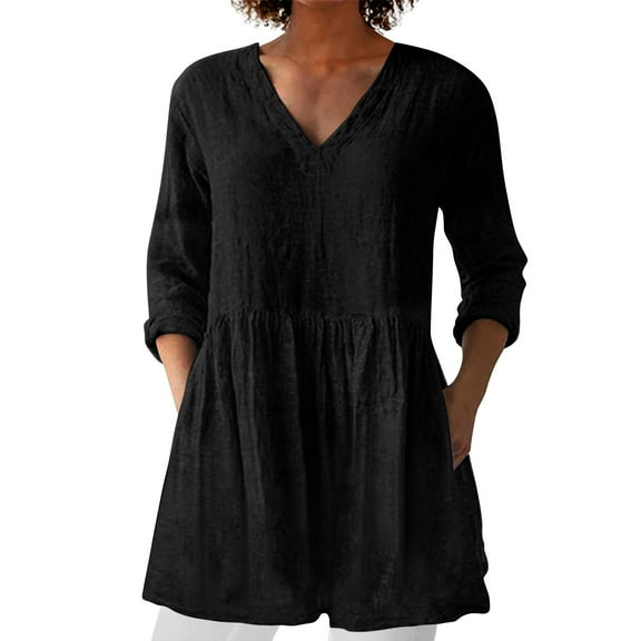 Weikingp Basic Tees for Women 3/4 Sleeve Women's Spring And Summer New Cotton And V Neck Mid Sleeve Mid Length T Shirt Tshirts Shirts for Women Black 2XL