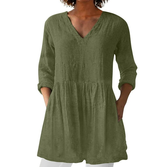 Weikingp Basic Tees for Women 3/4 Sleeve Women's Spring And Summer New Cotton And V Neck Mid Sleeve Mid Length T Shirt Tshirts Shirts for Women Green L