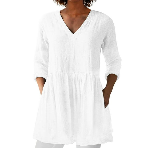 Weikingp Basic Tees for Women 3/4 Sleeve Women's Spring And Summer New Cotton And V Neck Mid Sleeve Mid Length T Shirt Tshirts Shirts for Women White XL