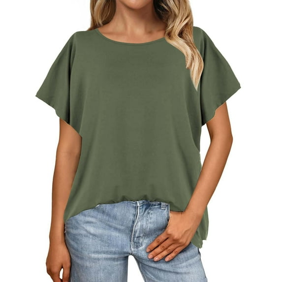 Weikingp Basic Tees For Women Womens Summer Tops Batwing Sleeve Oversized Solid Color T Shirt Women's Crew Neck Top Tshirts Shirts For Women Green L