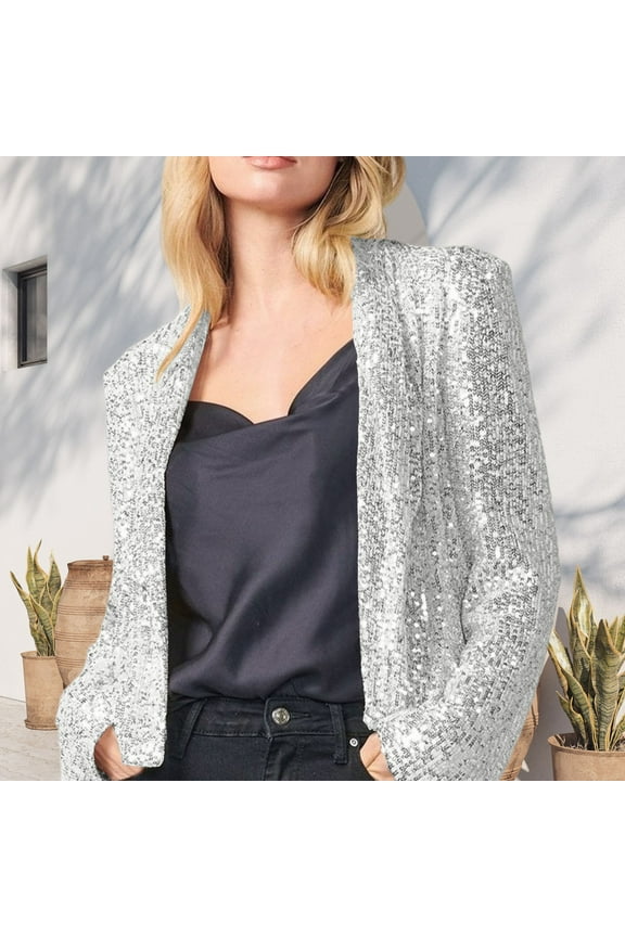Blazers for Women,Women'S Sequin Jackets Open Front Jacket Casual Long Sleeve Sparkly Cardigan Coat with S Xxl Womens Blazer Tops for Women Trendy Silver 2Xl