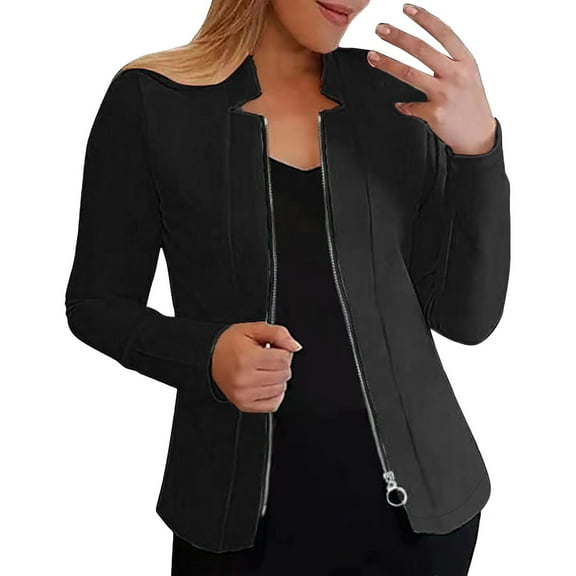Weikingp Blazers for Women,New Jacket Loose Casual Solid Colour Zip Long Sleeve Suit Top Womens Blazer Tops for Women Trendy Clearance Black L