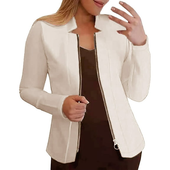 Weikingp Blazers for Women,New Jacket Loose Casual Solid Colour Zip Long Sleeve Suit Top Womens Blazer Tops for Women Trendy Clearance White S