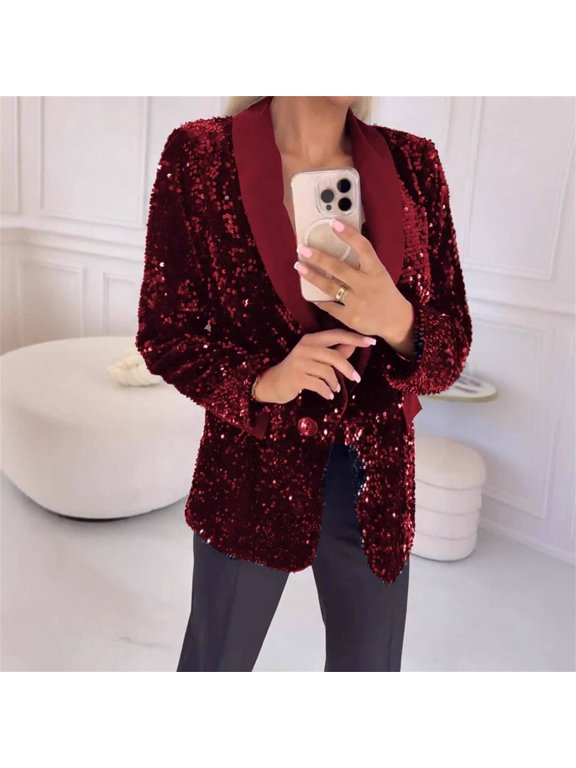 Blazers for Women,Women'S Fashion Sequin Lapel Long Sleeve Casual Jacket Womens Blazer Tops for Women Trendy Clearance Red Xl