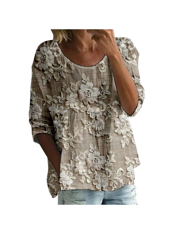 Boho Floral 3/4 Sleeve Tunic Top Lace 3/4 Sleeve Flowy Tunic Floral Blouses for Women Puff Sleeve Peplum Tops Beach Vacation Blouses Crewneck Short Sleeve Shirts Brown S