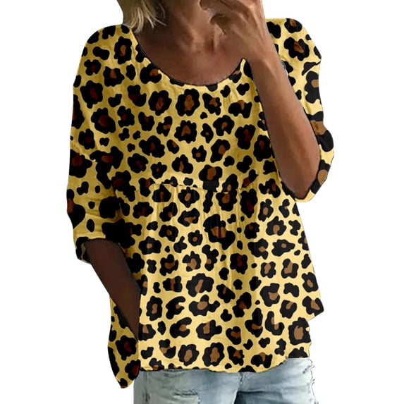 Weikingp Boho Floral 3/4 Sleeve Tunic Top Plus Size Pleated Blouse Shirts Casual Summer Shirts Print Dressy Blouse Tops Women's Summer Tops Women's Print T Shirt Peasant Blouses Gold 5XL