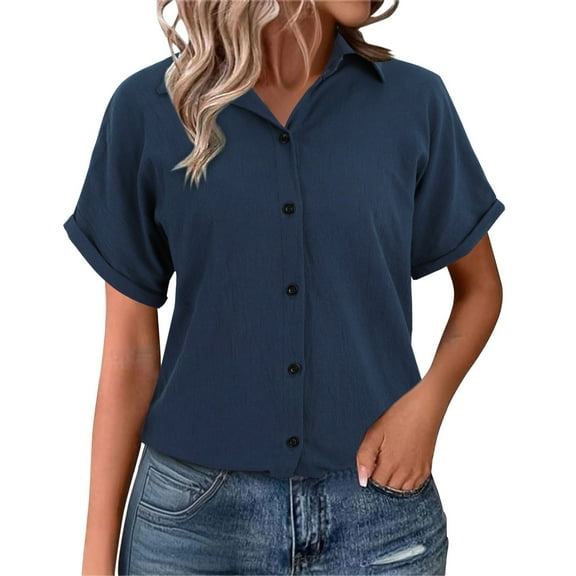 Weikingp Button Front Tops For Women Button Down Shirts For Women Button Down Shirts For Women Short Sleeve Linen Button Down Shirt Women Cotton Linen Tops For Women Blue M