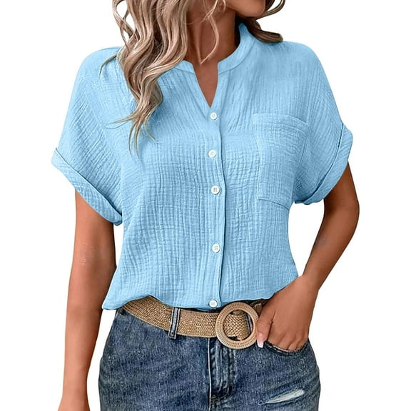 Weikingp Button Down Shirts For Women Wrinkle Free Shirts For Women Linen Tops For Women Summer Casual Tops Batwing Sleeve Pocket Patched Shirt Double Layer Wrinkled Fabric