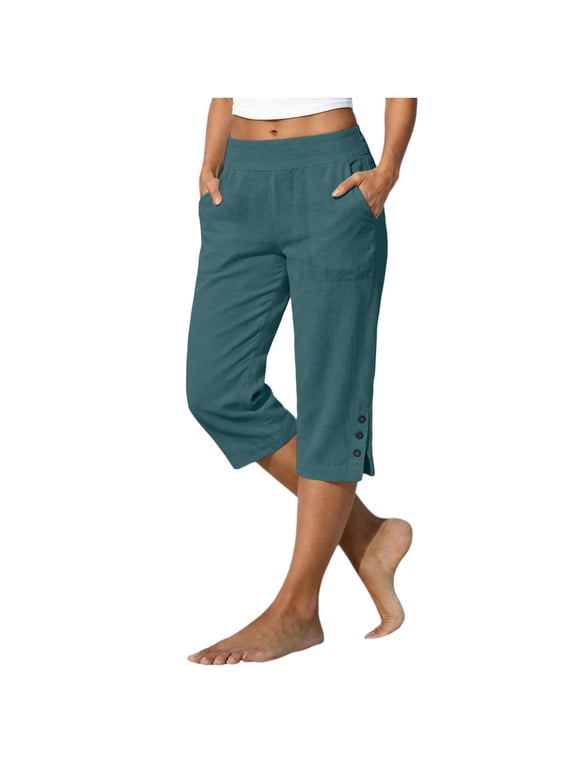 Capris Pants for Women Womens Pants Lounge Pants Petite Length Cotton Capris Cargo Pants Elastic Waist Capris Split Button Capris Ladies Slacks Capri Slacks Linen Capris for Women Blue XL