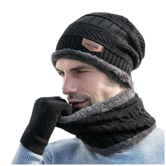 Weikingp Clearance! Beanies Hats Men, Knitted Windproof Fleece Men's Winter Hat Winter Men's Gloves Scarf Hat Three-Piece Warm Hat Knitted Hats, Beanie for Women, Baby Beanie Black