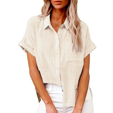 Weikingp Clearance！ Fashion Women's Solid Linen Casual Loose Short Sleeve Button Shirt loose blouse flowy top Solid Color Top