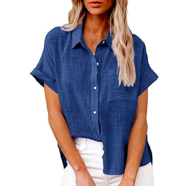 Weikingp Clearance！ Fashion Women's Solid Linen Casual Loose Short Sleeve Button Shirt loose blouse flowy top Solid Color Top