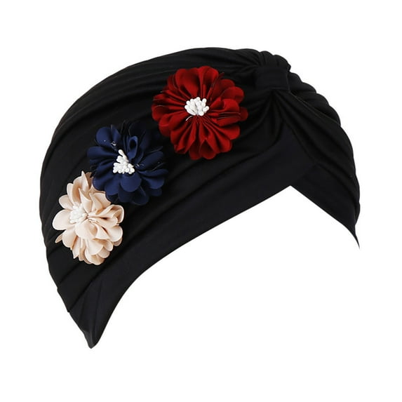 Weikingp Headbands for Women, Women Solid Floral Hat Muslim Ruffle Turban Wrap Cap, Bandanas for Women, Bandanas for Men Black