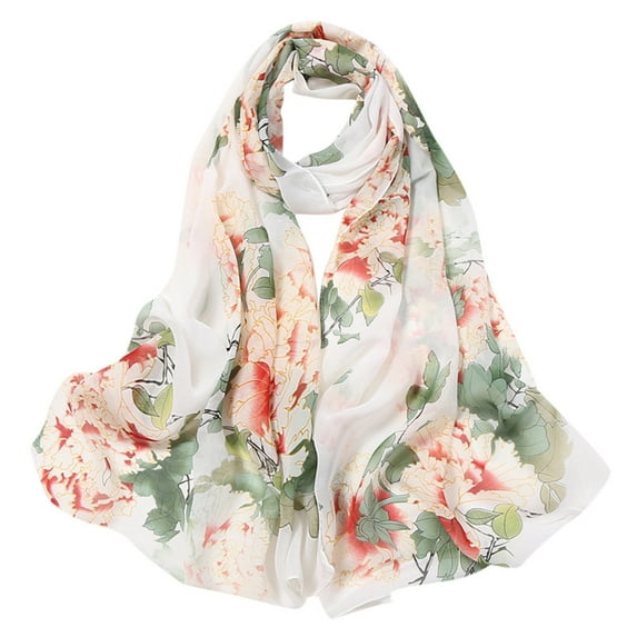 Weikingp Scarf for Women, Fashion Women Flower Print Long Soft Wrap Scarf Simulation Silk Shawl Scarves, White