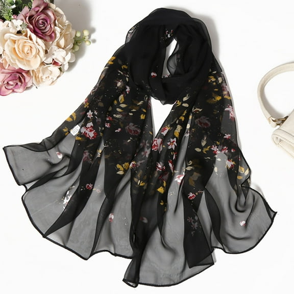 Weikingp Scarf for Women, Fashion Women Roses Printing Long Soft Wrap Scarf Simulation Silk Shawl Scarves, Black
