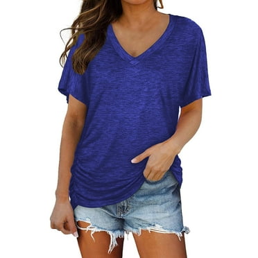 Weikingp Clearance！ Short Sleeves V Neck Plain Color Soft Loose Fitting Summer T Shirts Women Solid color silk shirt stripe work