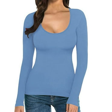 Weikingp Clearance！ Women's T Shirt Solid Color Low U Neck Slim Bottom Long Sleeved Top Solid color silk shirt stripe work