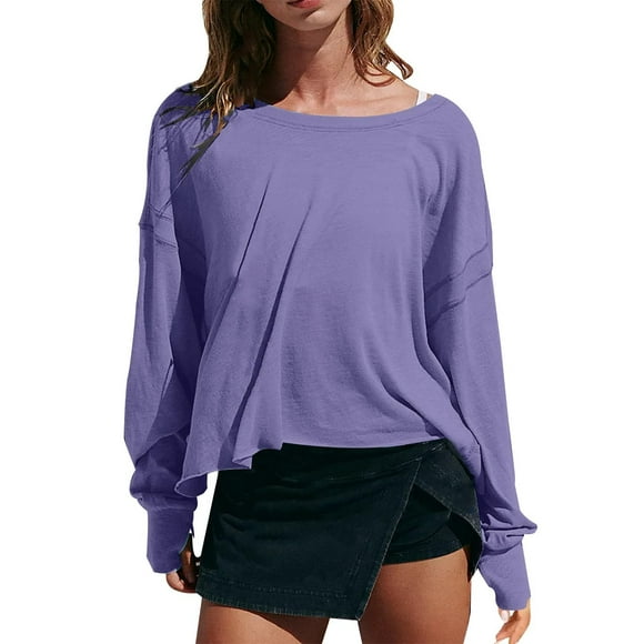 Weikingp Clearance！ Womens Oversized Open Back Sweatshirts Long Sleeve Backless Shirts The Shoulder Crewneck Workout Tops baggy blouse Round Neck Top Oversized Tunic