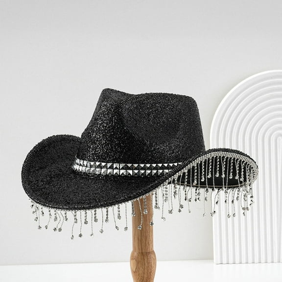 Weikingp Cowboy Hat,Men'S and Women'S Hats with Sequins and Pendants Tassels Fashionable Cowboy Hats Music and Dance Elegant Hats Womens Hats Fashion Top Hat Costume Black